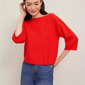 Ann Taylor Red Textured Cotton Sweater | Cropped 3/4 Sleeve Knit Top Size Small